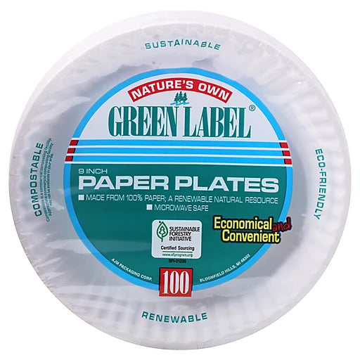 Natures Own Green Label 9” Paper Plates (Pack of 100)