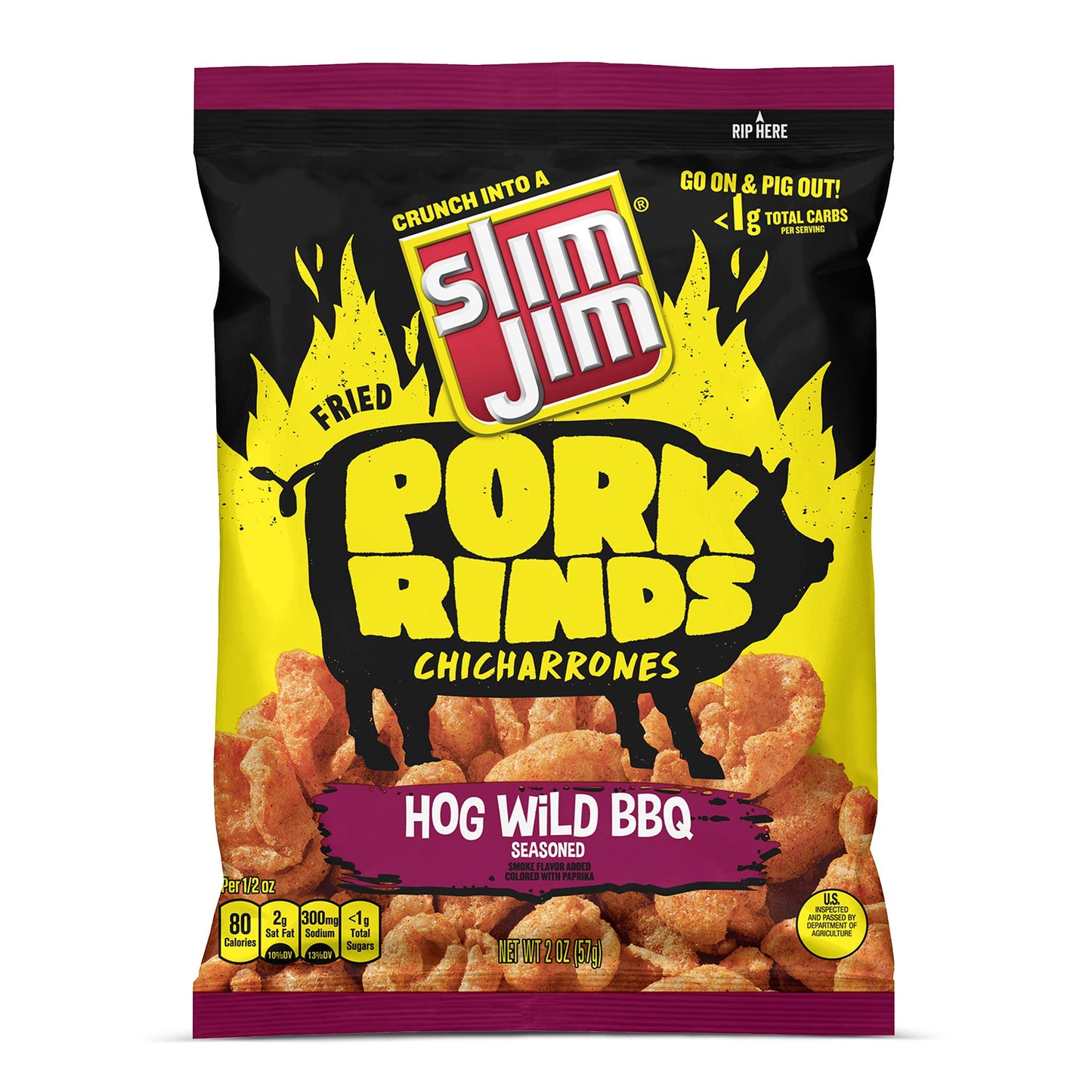 Slim Jim Pork Rinds Hog Wild BBQ 2oz 12 Count